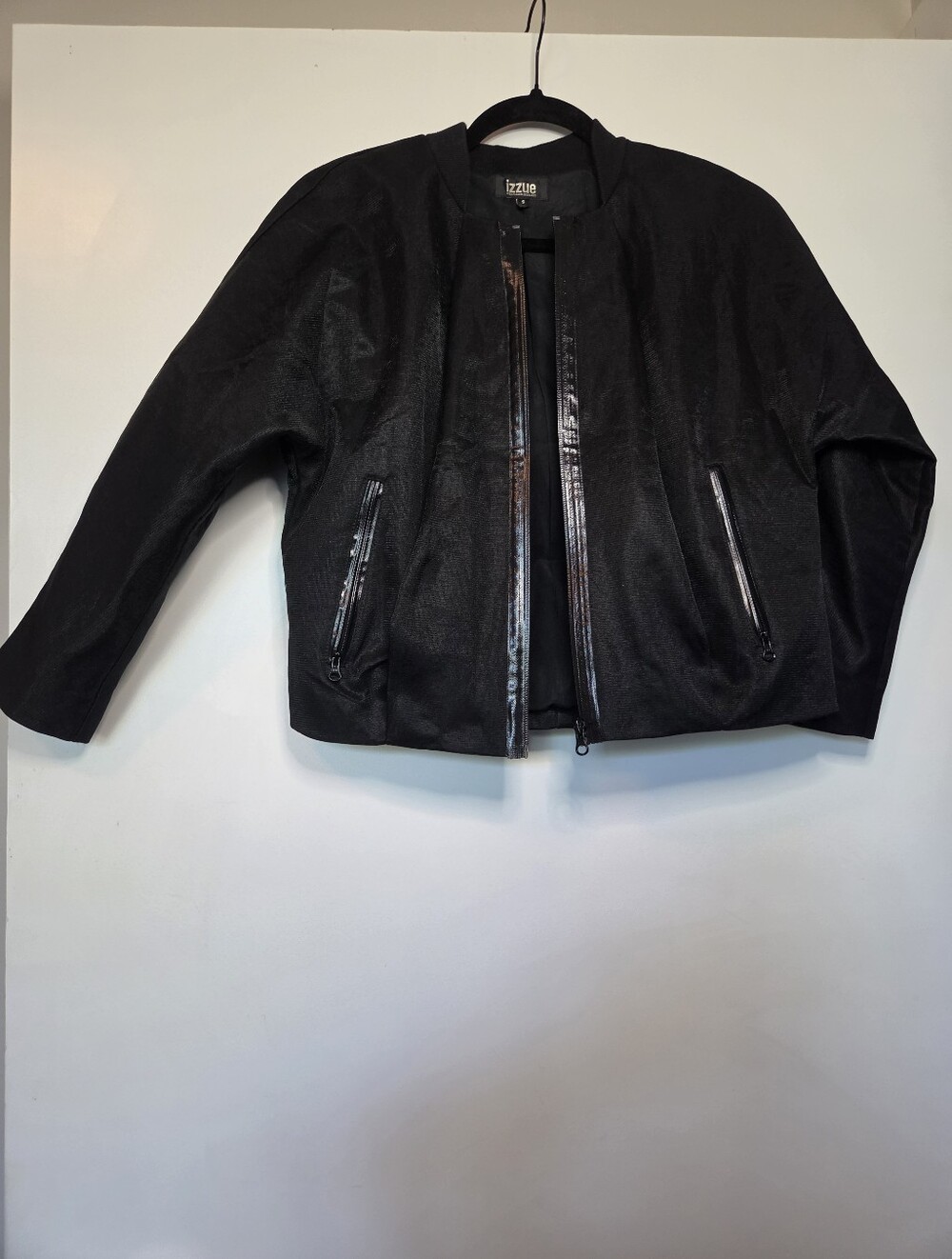 Izzue Women's Black Bomber Jacket with Front Zip and Zip Pockets
